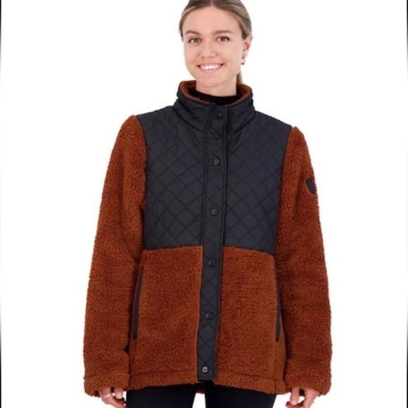 NWT Madden Girl Cozy Mixed-Media Fleece Jacket in Toffee Black - Picture 4 of 10